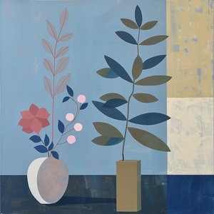 plante, stol og keramikvase, boheme-stil, moderne vægdekoration, print on demand af F. Abderrahim
