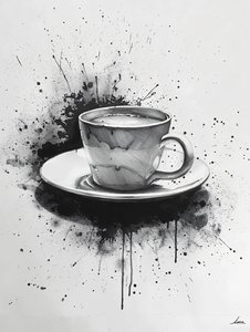 Minimalistisk Noir-scene med en enkelt linje og kaffepletter, online kunsttryk af F. Abderrahim