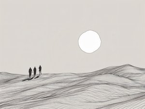 Minimalistisk skitse, mænd, der går i ørkensol, online kunsttryk af F. Abderrahim