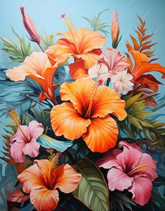 Maleri af en blomsterbuket i orange og pink, vægbilleder Home Decor af F. Abderrahim