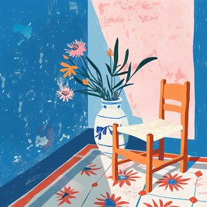 Planter og mexicansk stol med keramikvase, minimalistisk lærredskunst af F. Abderrahim