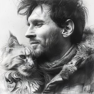 Kat med fodboldspiller Messi, moderne vægdekoration | print on demand af F. Abderrahim