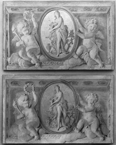 Et par overdøre med Diana eller en nymfe i en oval medaljon understøttet af amorini, 1770-90. af 18th century . French Painter