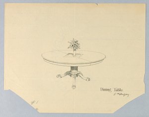 Design til et spisebord af mahogni med en blomstervase