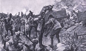 Ødelæggelsen af toget nær Taaibosch, fra After Pretoria: The Guerilla War udgivet af Harmsworth Bros Limited, 1901