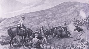 Transportvanskeligheder ved Barberton: Hvordan kanoner og vogne blev transporteret op ad bjergene, illustration fra Efter Pretoria: Guerillakrigen, 1902