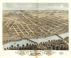 Fugleperspektiv af byen Attica, Fountain County, Indiana 1869. LOC 73693378 af A.; Chicago Lithographing Co. Ruger