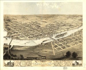 Fugleperspektiv af byen Cedar Rapids og Kingston, Linn Co, Iowa 1868. LOC 73693391 af A.; Chicago Lithographing Co. Ruger