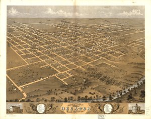 Fugleperspektiv af byen Decatur, Macon Co, Illinois 1869. LOC 73693354