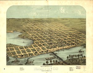 Fugleperspektiv af byen Hastings, Dakota County, Minnesota 1867. LOC 73693453
