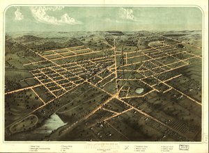 Fugleperspektiv af byen Hillsdale, Hillsdale Co., Mich. 1866. LOC 73693429 af A.; Chicago Lithographing Co. Ruger