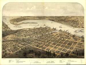 Fugleperspektiv af byen Port Huron, Sarnia  Gratiot, St. Clair Co. i Michigan 1867  Point Edwards, Lambton Co. i Canada mod vest. LOC 73693443