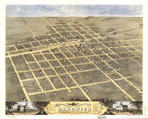 Udsigt i fugleperspektiv over byen Sandwich, De Kalb County, Illinois 1869. LOC 73693372 af A.; Chicago Lithographing Co. Ruger