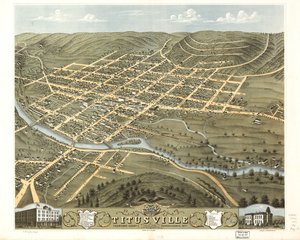 Fugleperspektiv af byen Titusville, Crawford County, Pennsylvania 1871. LOC 73694524 af A.; Chicago Lithographing Co. Ruger