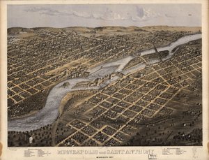 Minneapolis og Saint Anthony, Minnesota 1867. LOC 73693455 af A.; Chicago Lithographing Co. Ruger