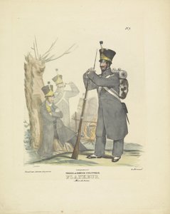 Flanke i marchdragt, 1820-1825 hollandsk infanteri. Flankeur Marsch uniform (titel på objekt) Militære kostumer af Kongeriget Holland. Dedikeret til Hans Excellence Willem van Bylandt (serietitel på objekt)