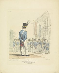 Musiker i fuld uniform Musiker i heldragt, 1820-1825 Nederlandsche Infanterie Musikant i stor uniform (titel på objekt) Militære kostumer af Kongeriget Holland. Dedikeret til Hans Excellence Willem van Bylandt (serietitel på obj