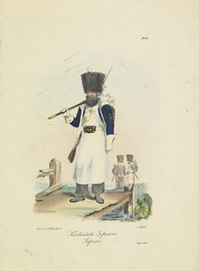 Sappeur, 1820-1825 hollandsk infanteri. sapeur (titel på objekt) Militære kostumer af Kongeriget Holland. Dedikeret til Hans Excellence Willem van Bylandt (serietitel på objekt)