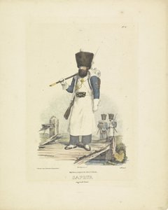 Sappeur i stor uniform, 1820-1825 hollandsk infanteri. Sapeur i stort outfit (titel på objekt) Militære kostumer af Kongeriget Holland. Dedikeret til Hans Excellence Willem van Bylandt (serietitel på objekt)
