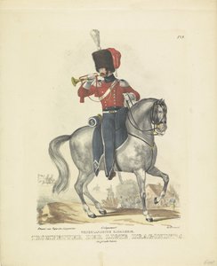Trompetist i fuld uniform Trompetist i stor uniform, 1820-1825 hollandsk kavaleri. Trompetisten af ​​Ligte Dragoons. i fuld uniform (titel på objekt) Militære kostumer af Kongeriget Holland. Dedikeret til Hans Excellence William af B