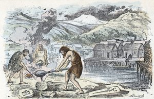 Forhistorie, bronzealder: støbeværksted tæt på en pælehusbebyggelse Gravering fra "" La nature et l