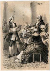 Antoine-Marin Lemierre læser Hypermnestra for Jean-Baptiste Vivien de Chateaubrun, illustration fra 