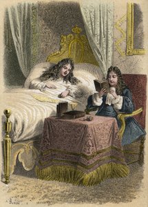 Louis XIV, konge af Frankrig, kunne godt lide at høre Jean Racine læse og bragte ham ind, da han var syg. Stik af A. Duruy i "" litterære illustrationer af Frankrig; guld, anekdotisk galleri af vores hovedforfattere interesseret i deres handlinger og deres