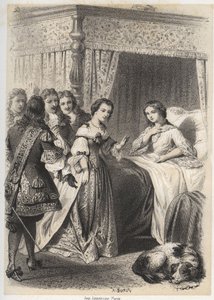 Madame Deshoulieres, Antoinette Ligier de La garde (1637-1694) overvældet af spørgsmål fra hendes følge efter en nat tilbragt med frygten for spøgelset. Indgravering af A. Duruy i "" Illustrations litteraires de la France; eller, Galerie anecdotique de nos