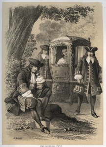 Marie Anne Mancini (1649-1714) Hertuginde af Bouillon, der en morgen gik til Versailles, så Jean de la Fontaine (Lafontaine) rejse sig under et træ; om aftenen fandt hun ham samme sted. Indgravering af A. Duruy i "" Illustrations litteraires de la France;