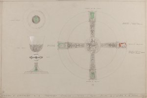 Chapel of Chivalry: foreslået kalk, paten og almisserkål (blyant, blæk, pensel, wc & sølvmaling på gråt kort) af A. Edward Jones and Co.
