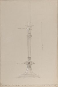 Ridderkapel: forslag til sølvlysestage (blyant, blæk, pensel, pensel, wc og sølvfarve på gråt kort) af A. Edward Jones and Co.