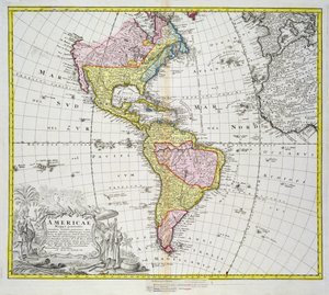 Kort over Amerika, udgivet af Homann, 1746 (farvegravering)