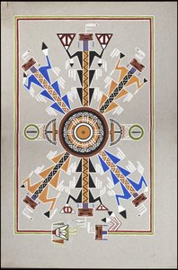 Tegninger, der viser gravstedet for "Cadunce", en Chippewa-indianer "Medicine Man", et Navajo-sandmaleri og Kragesten-malerier af A. Grossman