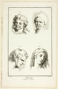 Tegning: udtryk for følelser (latter, gråd, medfølelse, tristhed), fra Encyclopédie