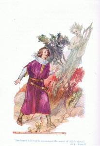 Ferdinand fulgte forbløffet lyden af Ariels stemme (The Tempest), fra Tales from Shakespeare pub. af Ward Lock & Co Ltd af A. Jackson