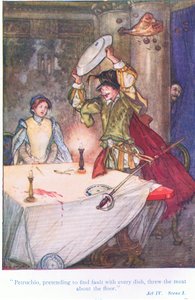 Pettruchio, der lod som om han fandt fejl ved hver ret, kastede kødet om gulvet (Tæmning af spidsmusen), fra Tales from Shakespeare pub. af Ward Lock & Co Ltd af A. Jackson
