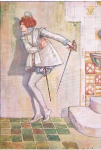 Stakkels Viola var bange for at se på sit sværd (Twelfth Night), fra Tales from Shakespeare pub. af Ward Lock & Co Ltd