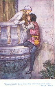 Romeo tog afsked med sin kære kone med et tungt hjerte (Romeo og Julie), fra Tales from Shakespeare pub. af Ward Lock & Co Ltd