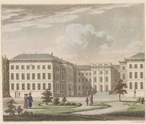 Noordeinde-paladset i Haag, 1810-1825 Le Palais royal à La Haye, vu du jardin / Det kongelige palads i Haag, set fra havesiden (titel på objekt)