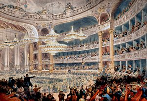 Bal i Opera de la rue Le Peletier i Paris omkring 1850 - Indgravering af en prost