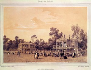 Udsigt over Cafe des Ambassadeurs på Champs Elysees i Paris Litografi af A. provost (aktiv omkring 1834-1855) Paris, Musee Carnavalet