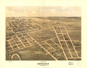 Fugleperspektiv af Brookfield, Linn County, Missouri 1869. LOC 73693470
