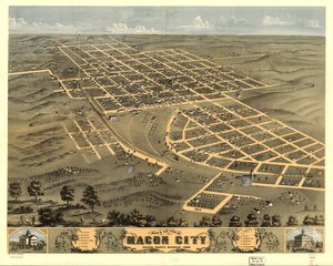 Fugleperspektiv af Macon City, Macon County, Missouri 1869. LOC 73693483