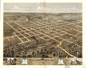 Fugleperspektiv af byen Columbia, Boone Co. i Missouri 1869. LOC 73693473