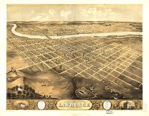 Fugleperspektiv af byen Lawrence, Kansas 1869. LOC 73693409