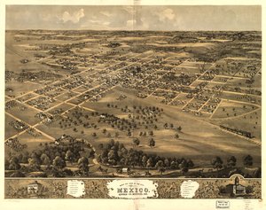 Udsigt i fugleperspektiv over byen Mexico, Audrian Co. i Missouri 1869. LOC 73693484