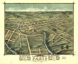 Udsigt i fugleperspektiv over byen Paris, Bourbon County, Kentucky 1870. LOC 73693417