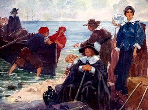 En flok eksil sætter deres bark på den vilde New England-kyst, 1620, 1905. af A. S. Forrest