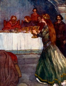 Rowena kom ind i rummet med en smuk gylden kop, c430 AD, 1905 af A. S. Forrest