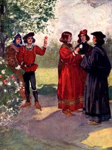 ...Adelsmændene plukkede røde eller hvide roser og satte dem i deres huer, 1400-tallet, 1905. af A. S. Forrest